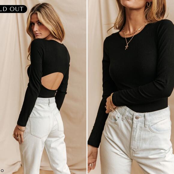 Bohme Noelle Ribbed Open Back Beige Bodysuit Medium Long Sleeve Chic‎ Classic - Picture 2 of 10